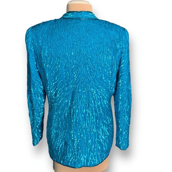 Vintage Stenay Blue Silk Metallic Sequin Beaded Open Front Blazer Jacket Large - Picture 7 of 11
